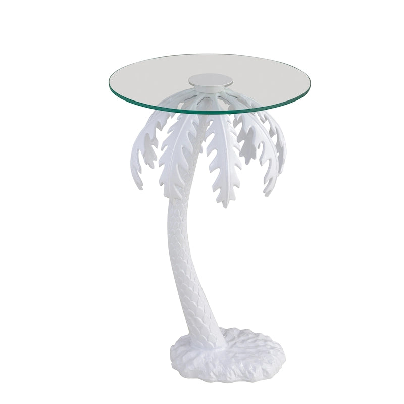 Hedda 24.75  Mid-Century Vintage Glass Top Metal Palm Tree End Table, White, by JONATHAN Y