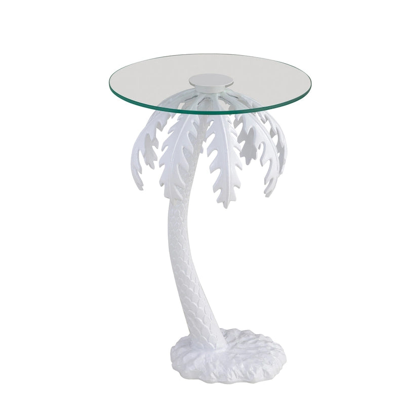 Hedda 24.75  Mid-Century Vintage Glass Top Metal Palm Tree End Table, White, by JONATHAN Y
