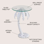 Hedda 24.75  Mid-Century Vintage Glass Top Metal Palm Tree End Table, White, by JONATHAN Y