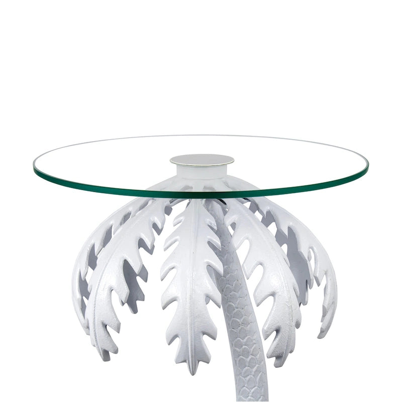 Hedda 24.75  Mid-Century Vintage Glass Top Metal Palm Tree End Table, White, by JONATHAN Y