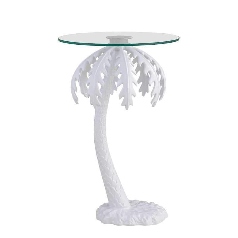 Hedda 24.75  Mid-Century Vintage Glass Top Metal Palm Tree End Table, White, by JONATHAN Y