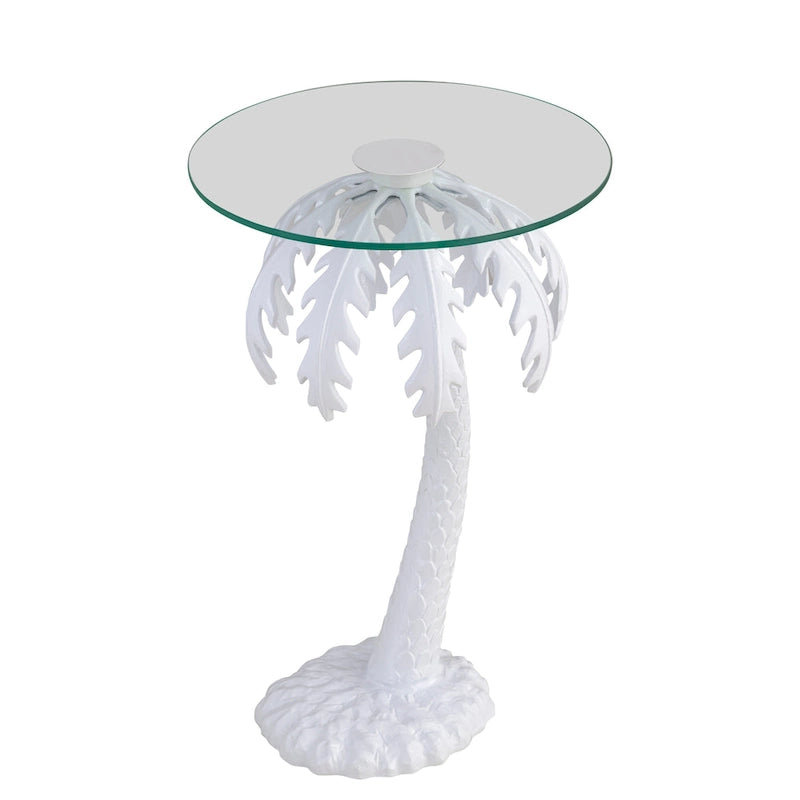 Hedda 24.75  Mid-Century Vintage Glass Top Metal Palm Tree End Table, White, by JONATHAN Y