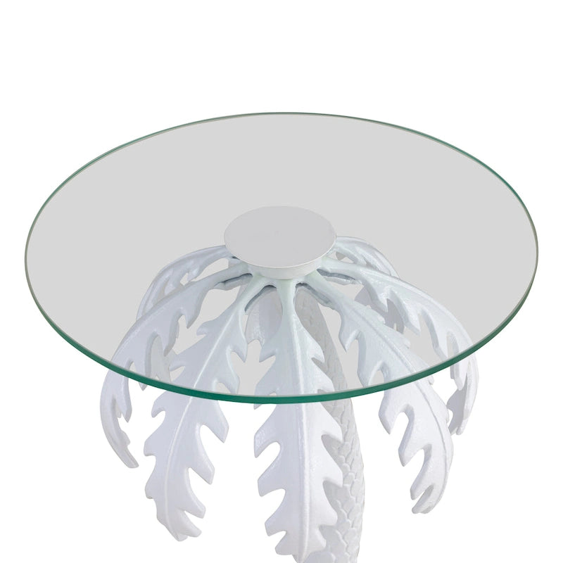 Hedda 24.75  Mid-Century Vintage Glass Top Metal Palm Tree End Table, White, by JONATHAN Y