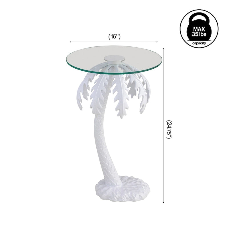 Hedda 24.75  Mid-Century Vintage Glass Top Metal Palm Tree End Table, White, by JONATHAN Y