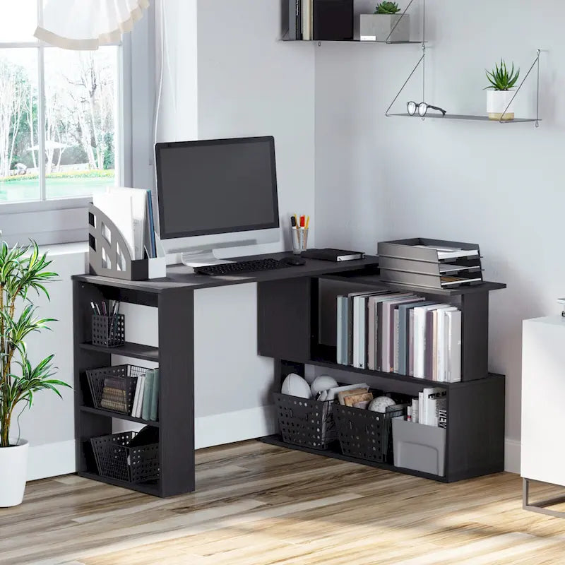 Modern L Shaped Computer Desk with 360 Rotating Support and Built In Shelves for Home Office or Bedroom