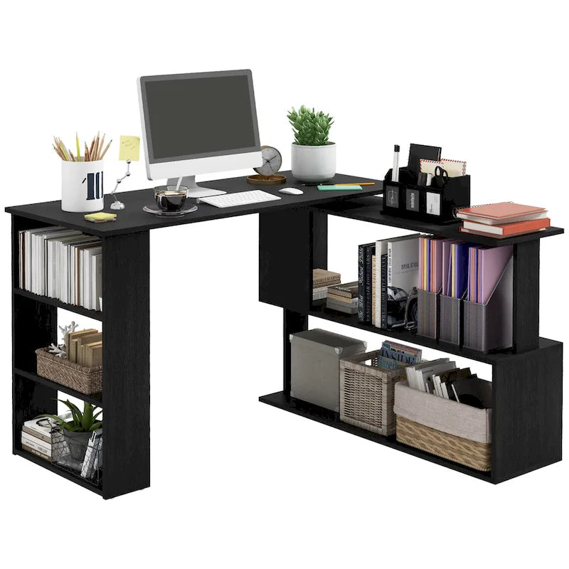 Modern L Shaped Computer Desk with 360 Rotating Support and Built In Shelves for Home Office or Bedroom