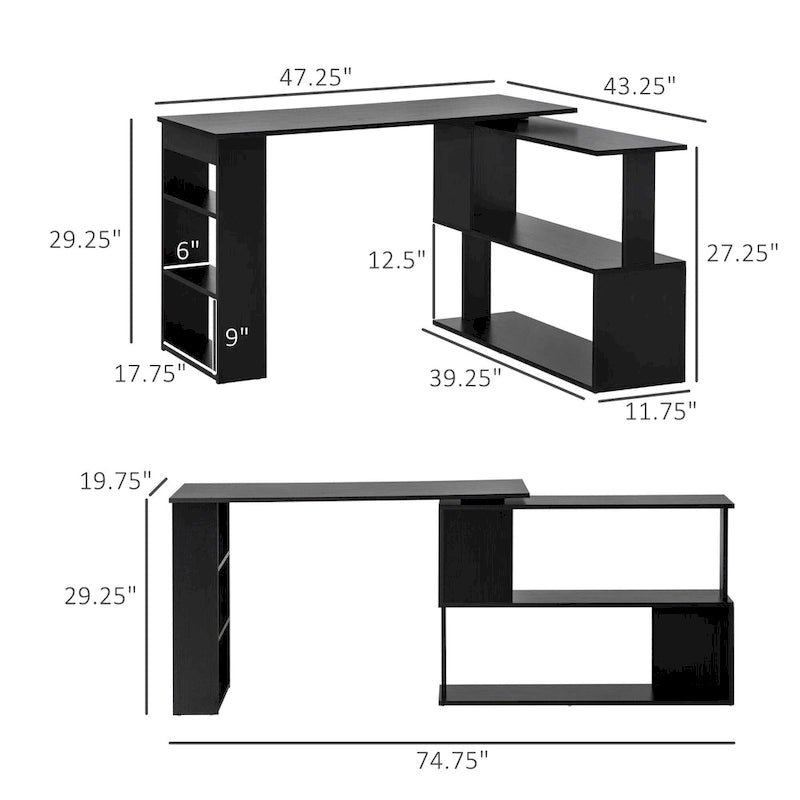 Modern L Shaped Computer Desk with 360 Rotating Support and Built In Shelves for Home Office or Bedroom