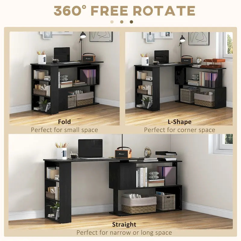 Modern L Shaped Computer Desk with 360 Rotating Support and Built In Shelves for Home Office or Bedroom