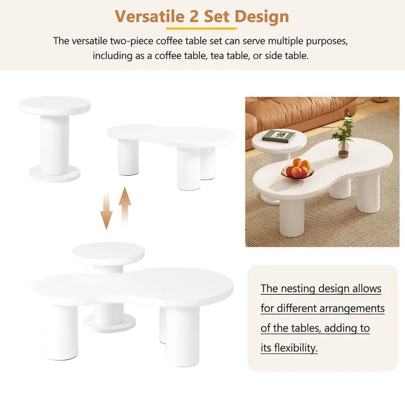 Set of 2 Nesting Cloud Coffee Table with Round Small Side Table