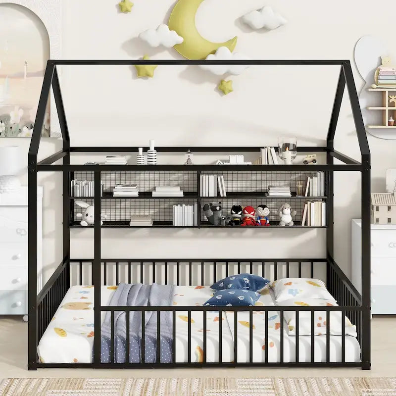 Metal House Bed Full Size Montessori Floor Bed with Fence
