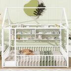Metal House Bed Full Size Montessori Floor Bed with Fence