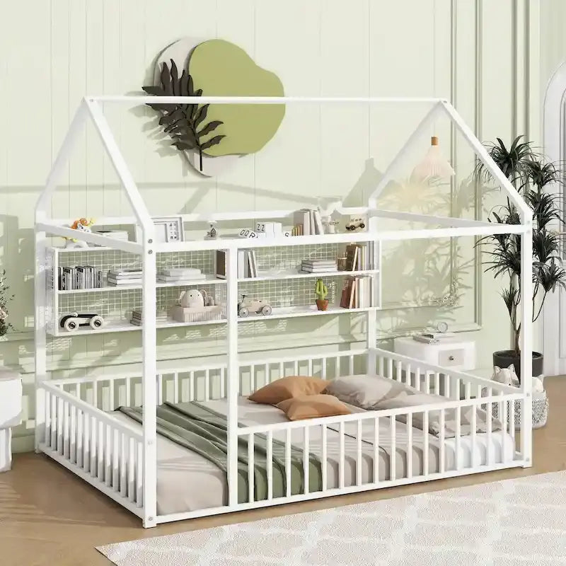 Metal House Bed Full Size Montessori Floor Bed with Fence