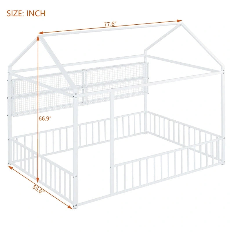 Metal House Bed Full Size Montessori Floor Bed with Fence
