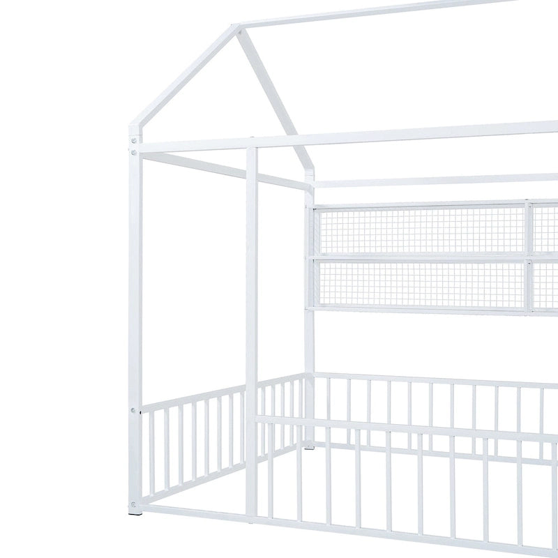 Metal House Bed Full Size Montessori Floor Bed with Fence