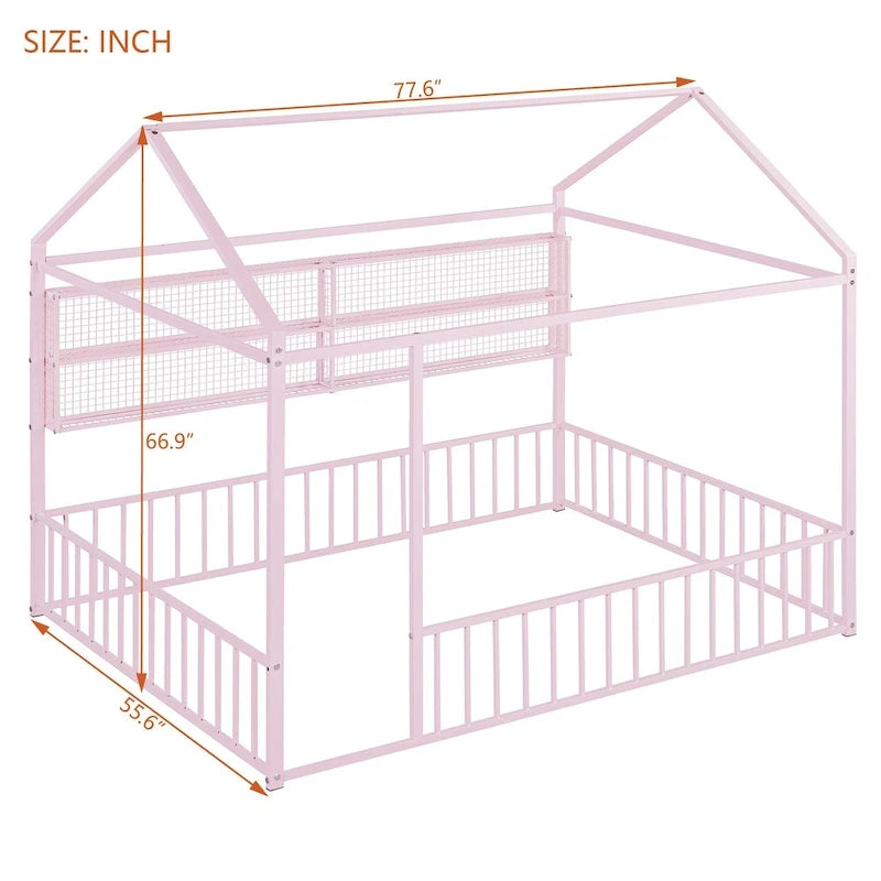 Metal House Bed Full Size Montessori Floor Bed with Fence