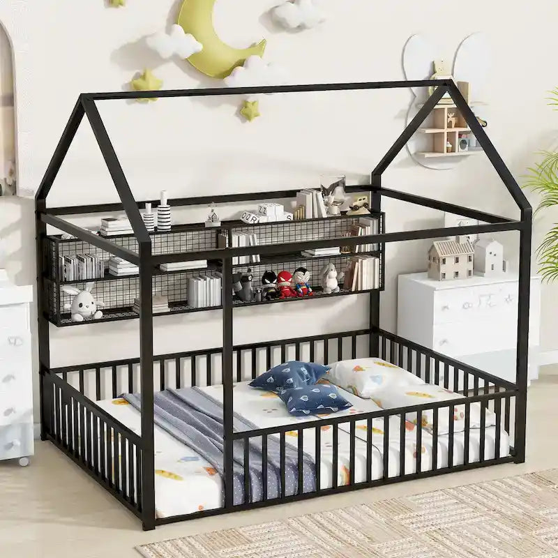 Metal House Bed Full Size Montessori Floor Bed with Fence