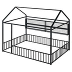 Metal House Bed Full Size Montessori Floor Bed with Fence
