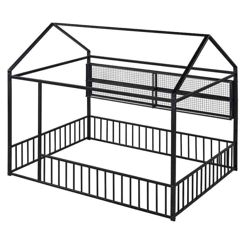 Metal House Bed Full Size Montessori Floor Bed with Fence