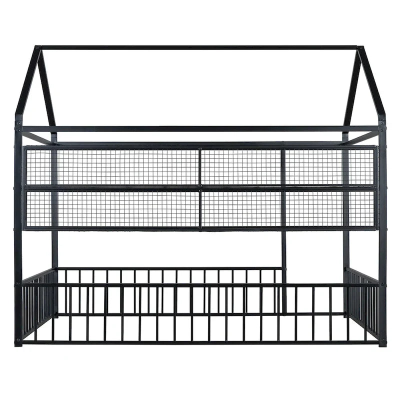 Metal House Bed Full Size Montessori Floor Bed with Fence