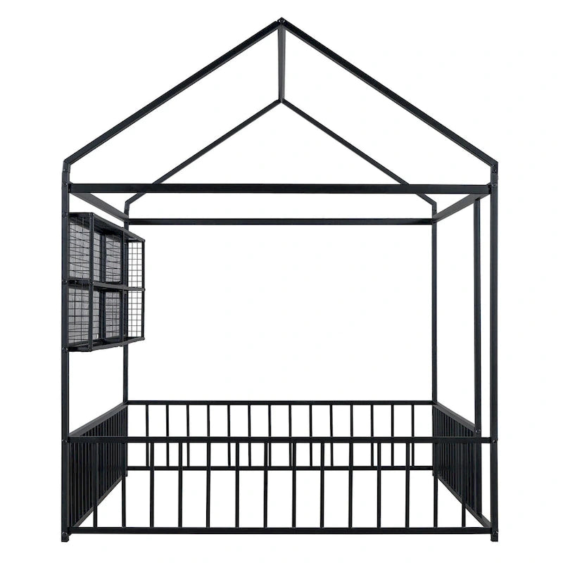 Metal House Bed Full Size Montessori Floor Bed with Fence