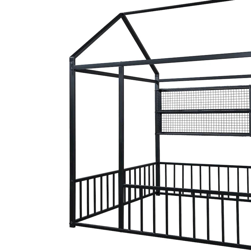 Metal House Bed Full Size Montessori Floor Bed with Fence
