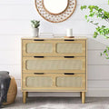 Farmhouse Rattan 3 Drawer Dresser, Wooden Wide Chest of Drawers with Metal Handles