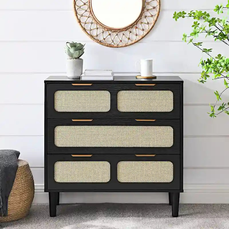 Farmhouse Rattan 3 Drawer Dresser, Wooden Wide Chest of Drawers with Metal Handles
