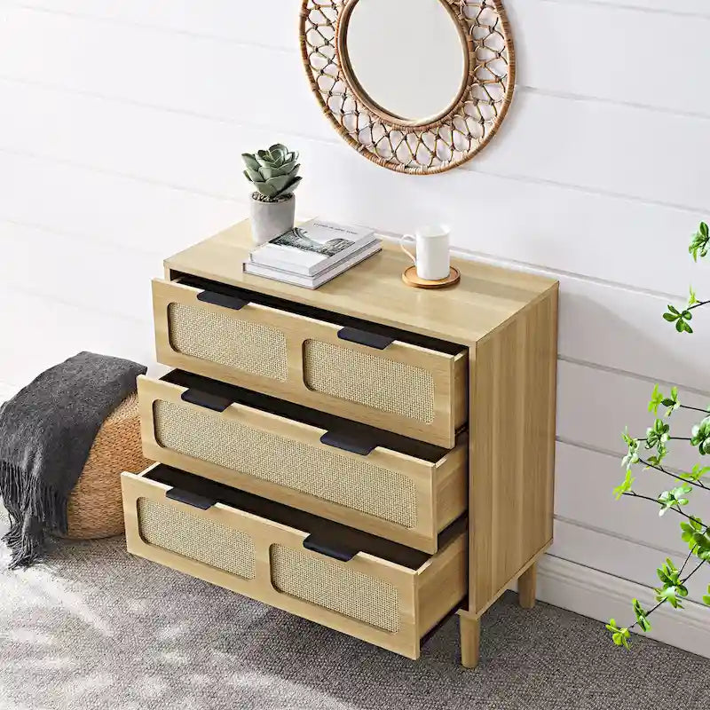 Farmhouse Rattan 3 Drawer Dresser, Wooden Wide Chest of Drawers with Metal Handles