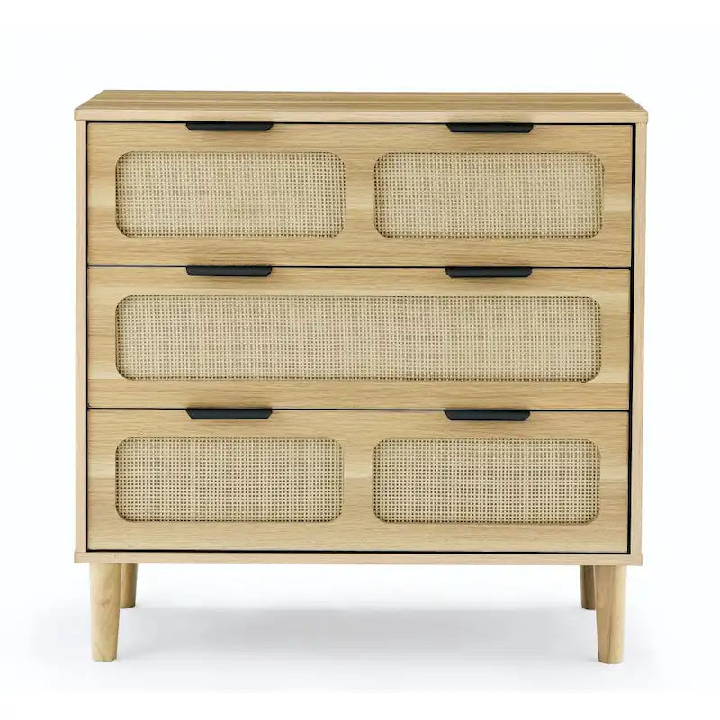 Farmhouse Rattan 3 Drawer Dresser, Wooden Wide Chest of Drawers with Metal Handles