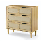 Farmhouse Rattan 3 Drawer Dresser, Wooden Wide Chest of Drawers with Metal Handles