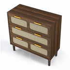 Farmhouse Rattan 3 Drawer Dresser, Wooden Wide Chest of Drawers with Metal Handles