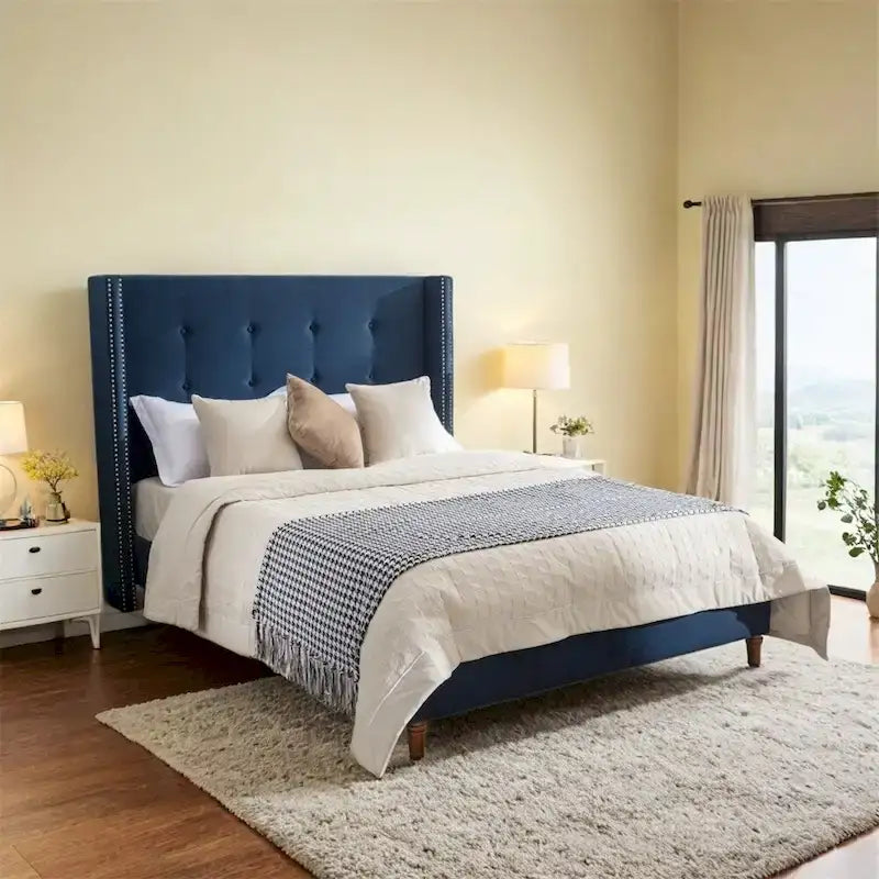 Upholstered King Bed Features a 54  High Headboard w/Buttoned Tuft