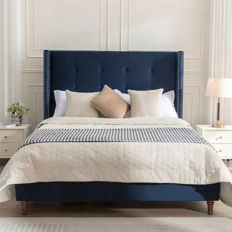 Upholstered King Bed Features a 54  High Headboard w/Buttoned Tuft