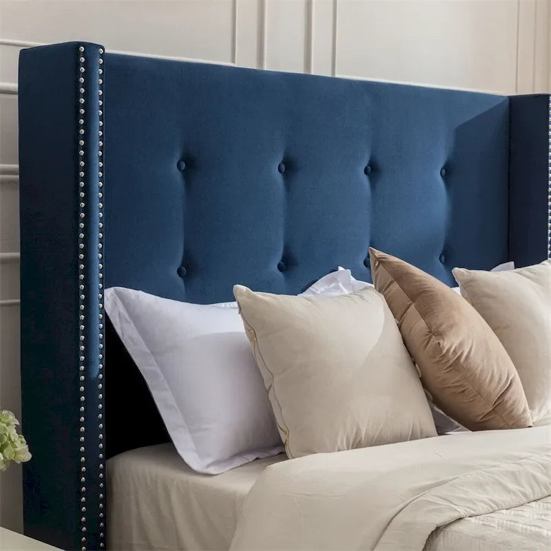 Upholstered King Bed Features a 54  High Headboard w/Buttoned Tuft