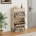 Shoe Cabinet, Rattan Shoe Storage With 2 Flip Drawer and 1 Pull-Out Drawer, Heavy Duty Metal Leg