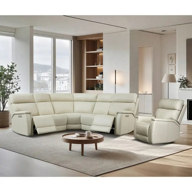 105  W Genuine Leather Power Reclining Sectional and Recliner Sofa Set with USB&USB-C Port, 2 Stationary Armlesschairs