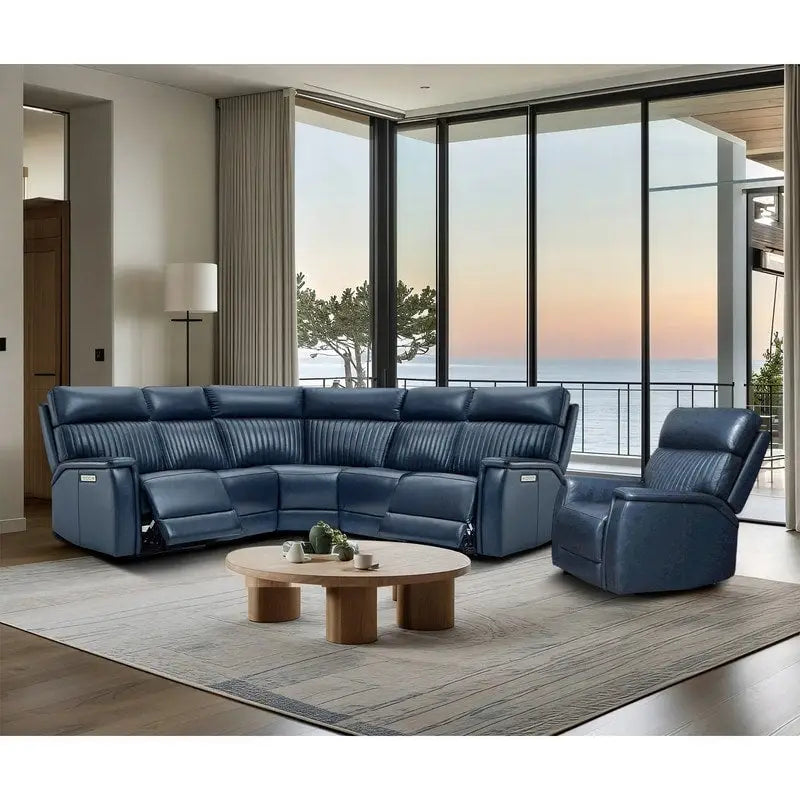 105  W Genuine Leather Power Reclining Sectional and Recliner Sofa Set with USB&USB-C Port, 2 Stationary Armlesschairs