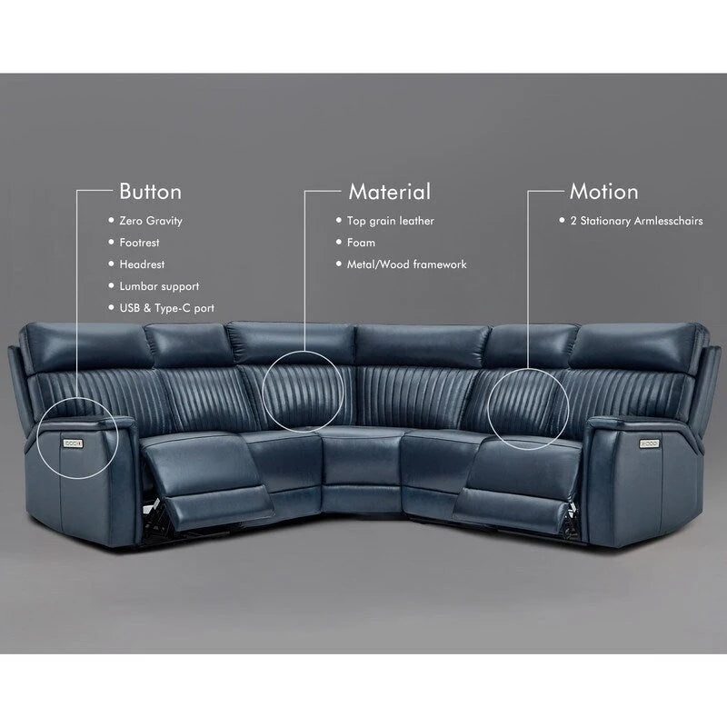 105  W Genuine Leather Power Reclining Sectional and Recliner Sofa Set with USB&USB-C Port, 2 Stationary Armlesschairs
