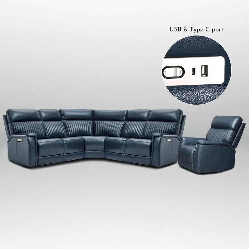 105  W Genuine Leather Power Reclining Sectional and Recliner Sofa Set with USB&USB-C Port, 2 Stationary Armlesschairs