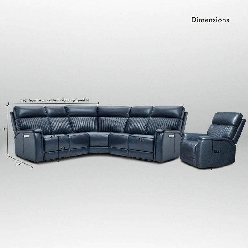 105  W Genuine Leather Power Reclining Sectional and Recliner Sofa Set with USB&USB-C Port, 2 Stationary Armlesschairs