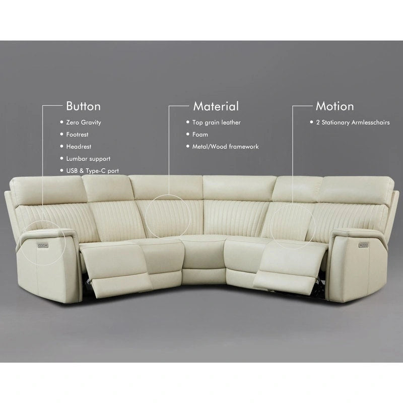 105  W Genuine Leather Power Reclining Sectional and Recliner Sofa Set with USB&USB-C Port, 2 Stationary Armlesschairs