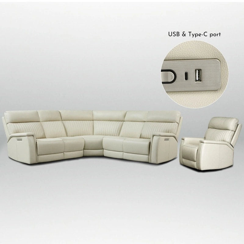 105  W Genuine Leather Power Reclining Sectional and Recliner Sofa Set with USB&USB-C Port, 2 Stationary Armlesschairs