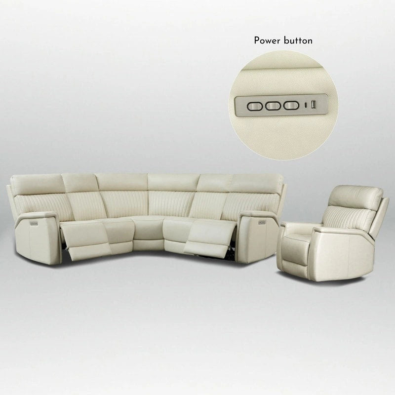 105  W Genuine Leather Power Reclining Sectional and Recliner Sofa Set with USB&USB-C Port, 2 Stationary Armlesschairs