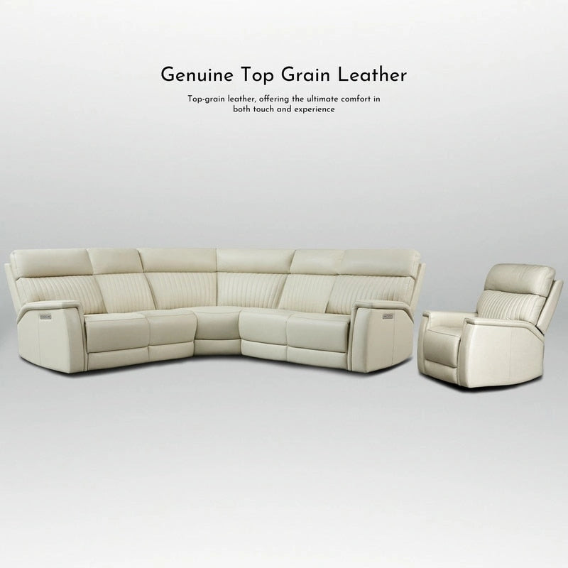 105  W Genuine Leather Power Reclining Sectional and Recliner Sofa Set with USB&USB-C Port, 2 Stationary Armlesschairs