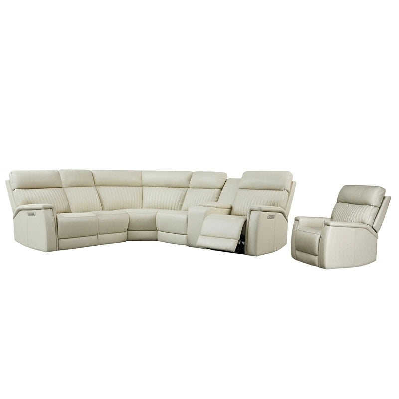105  W Genuine Leather Power Reclining Sectional and Recliner Sofa Set with USB&USB-C Port, 2 Stationary Armlesschairs