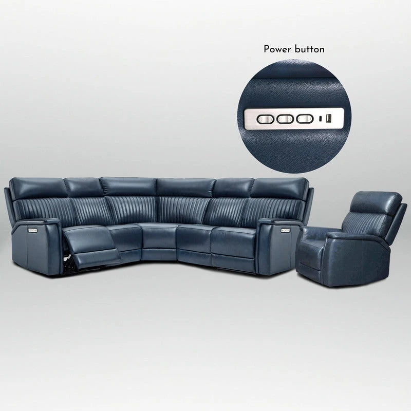 105  W Genuine Leather Power Reclining Sectional and Recliner Sofa Set with USB&USB-C Port, 2 Stationary Armlesschairs