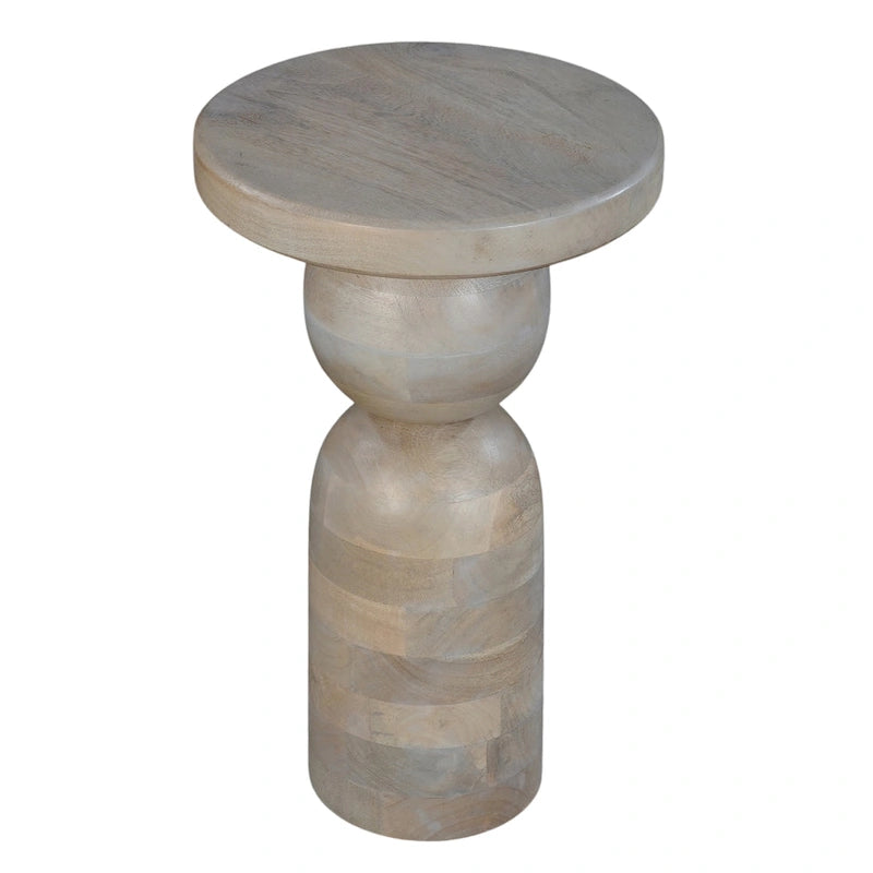 Tia 12 Inch Round Side End Table, Turned Pedestal Base, Beige Mango Wood in Natural Brown Finish