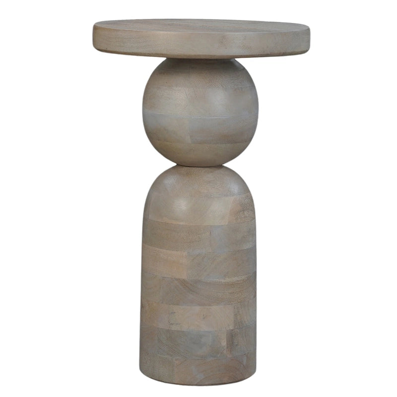 Tia 12 Inch Round Side End Table, Turned Pedestal Base, Beige Mango Wood in Natural Brown Finish