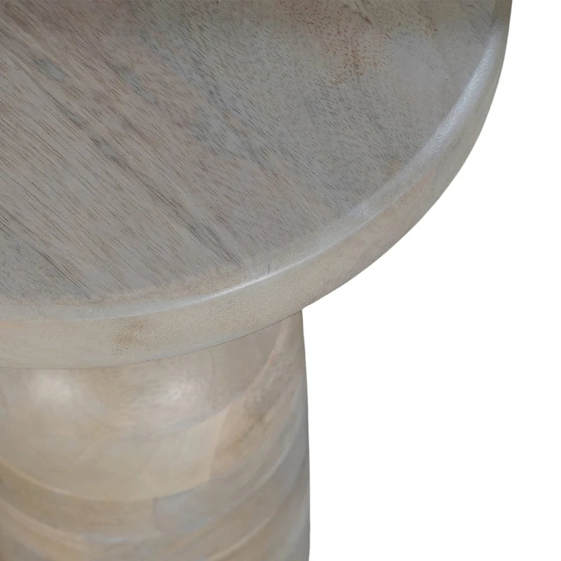 Tia 12 Inch Round Side End Table, Turned Pedestal Base, Beige Mango Wood in Natural Brown Finish