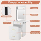 Small Vanity Desk with Mirror and Light, Makeup Table with Fold-up Panel, 3 in 1 Vanity Set with Hidden Stool